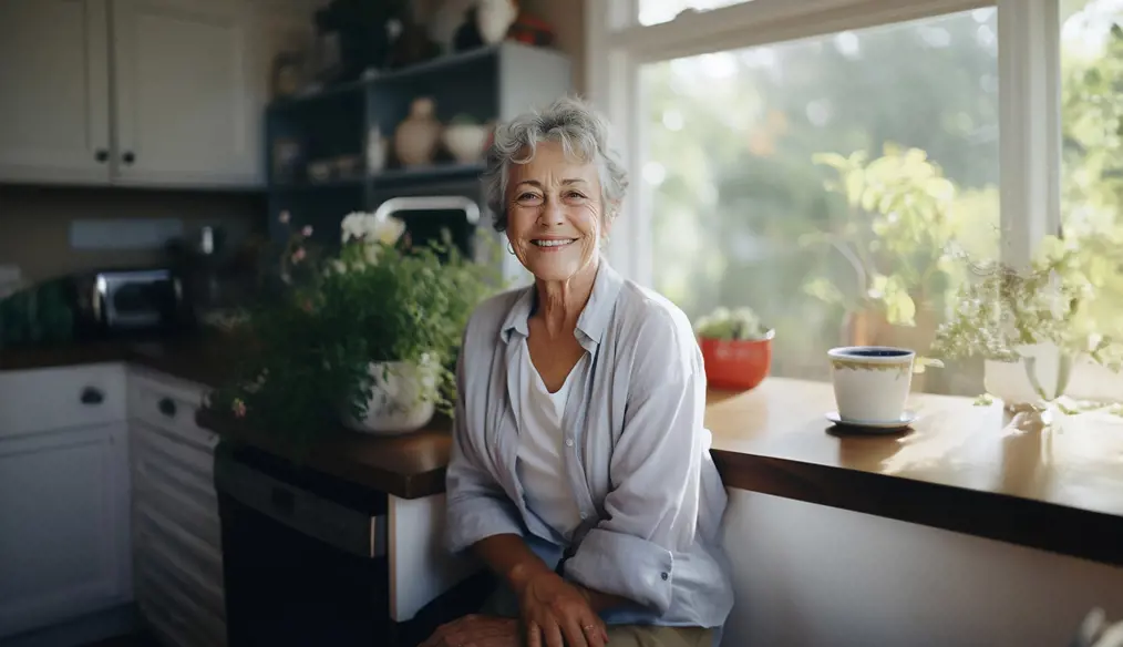 A Woman sitting in her kitchen