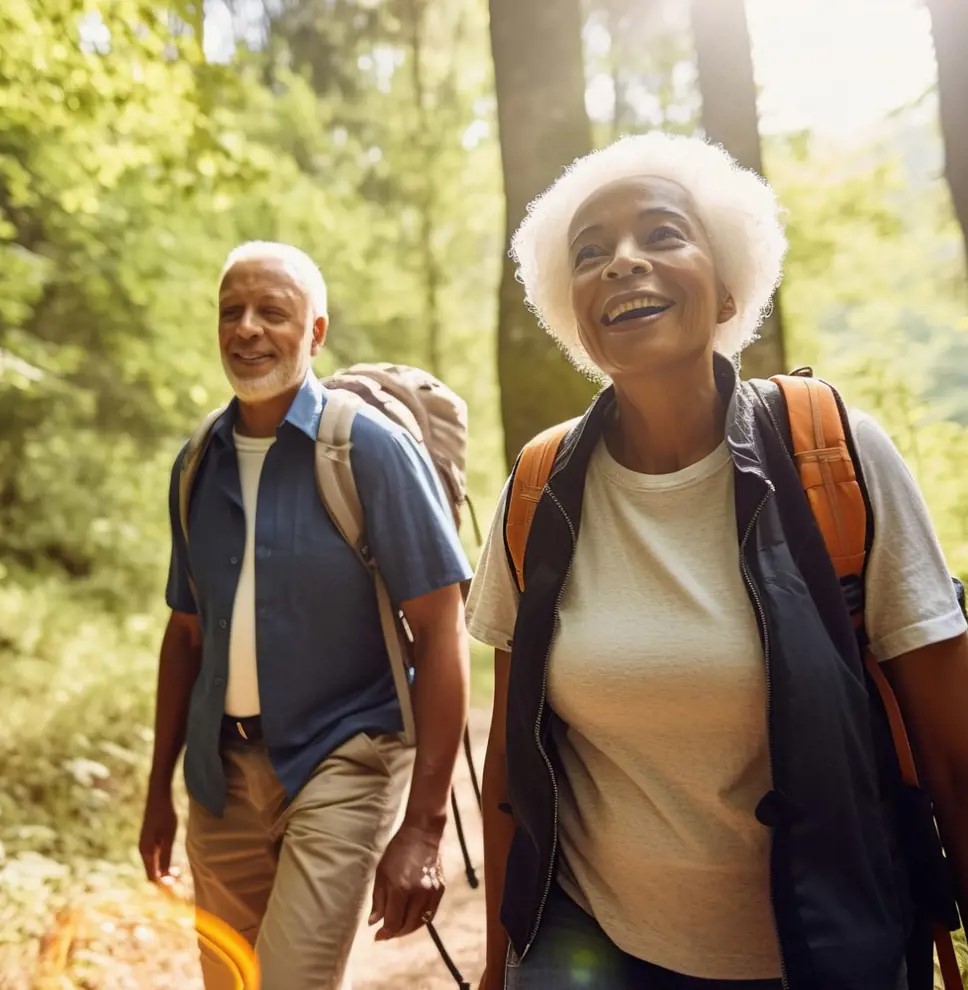 Couple walking though the woods, smiling