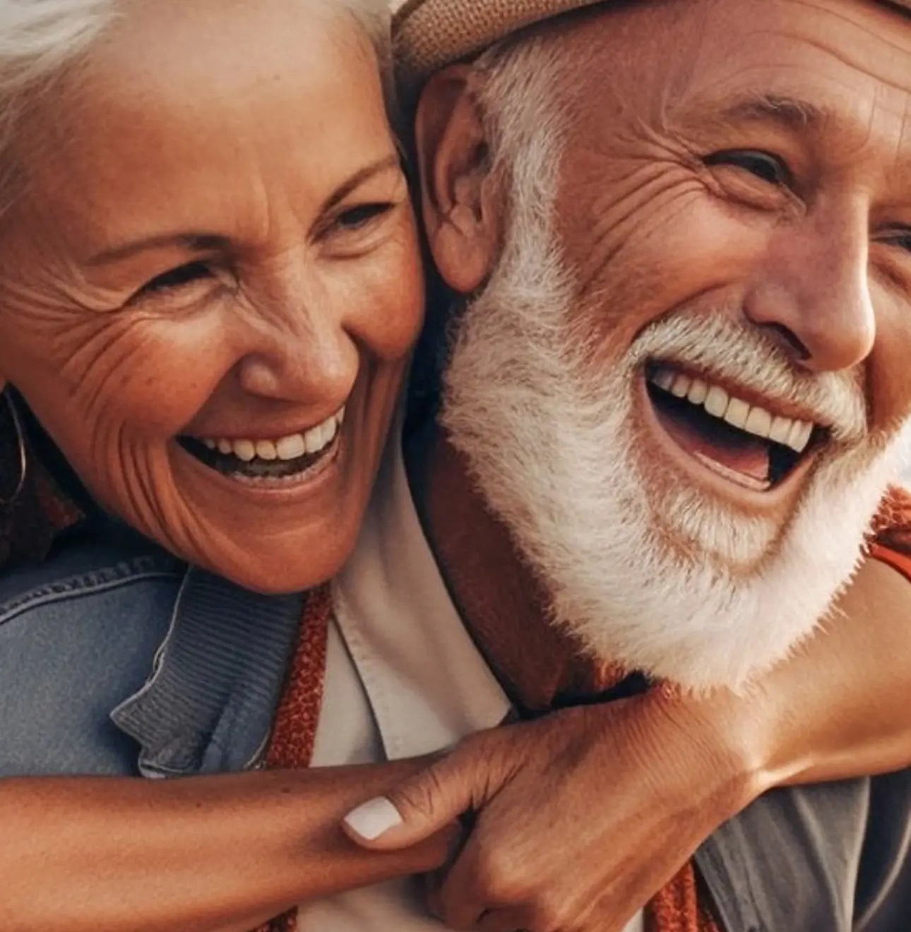 older couple cheek-to-cheek, smiling